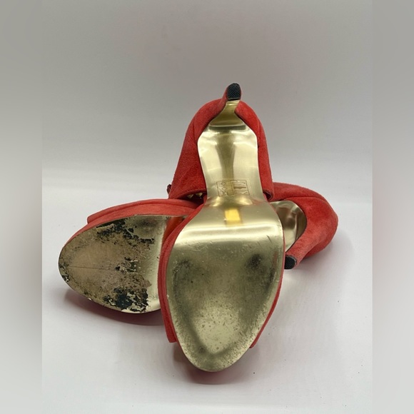 BEBE Coral Gold Embellished Ankle Strap Peeptoe 5”/1” Platform Heels Size 7 - Picture 7 of 9